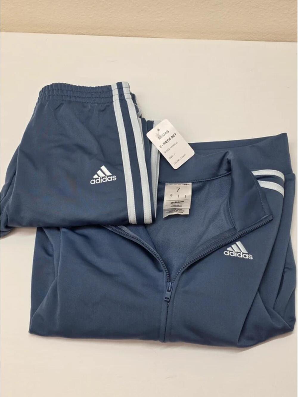 Adidas Boys Size 7 Tracksuit Set Blue White 3-Stripe Jacket & Pants Outfit